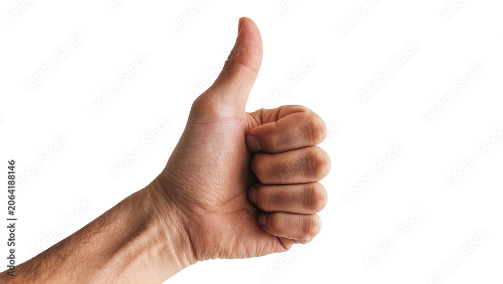 Fototapeta premium Male hand showing thumbs up gesture skin texture, white