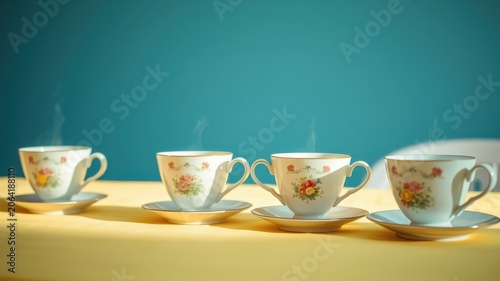 Four delicate floral teacups with steaming beverages on a yellow tablecloth against a teal backdrop