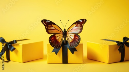 Yellow gift boxes with a black ribbon and a butterfly on top