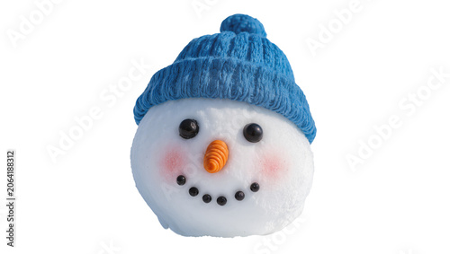 Принти на полотні Snowman face with blue knitted hat carrot nose black eyes and mouth, pink cheeks