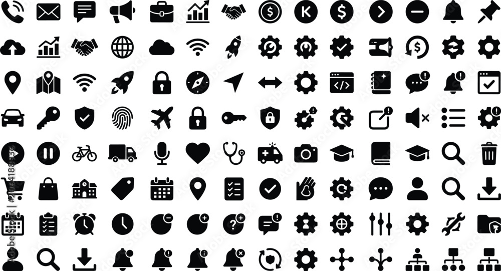 Obraz premium Minimalist black solid icon collection mega set for business web development application interface project financial dashboard marketing presentation navigation.