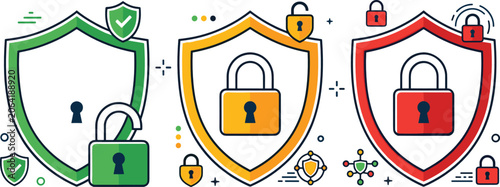 Photography Cyber security shield and padlock concept vector illustration showing data protection levels safety status system clearance authorization dashboard element