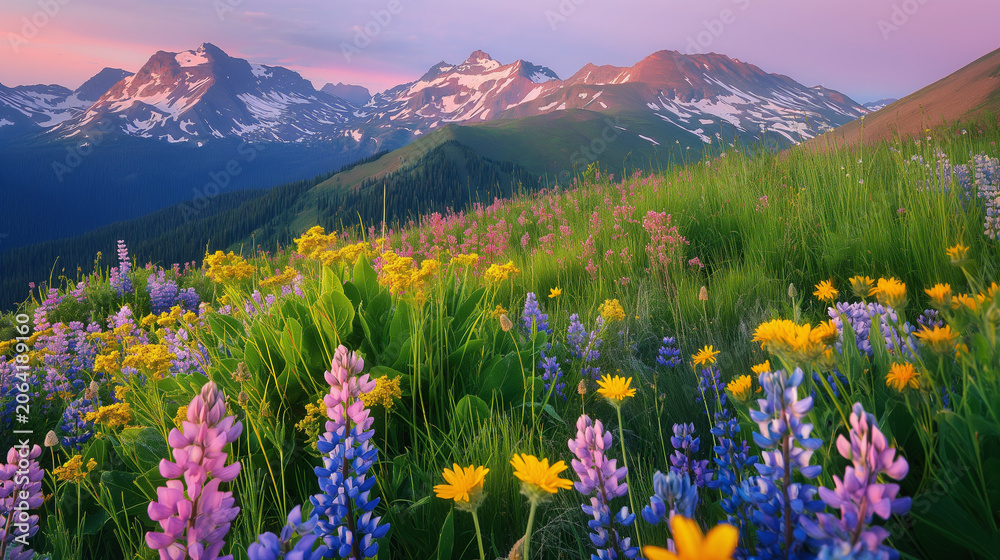 Fototapeta premium Pastel Alpine Wildflower Tapestry Beneath Rose Lit Peaks at Twilight