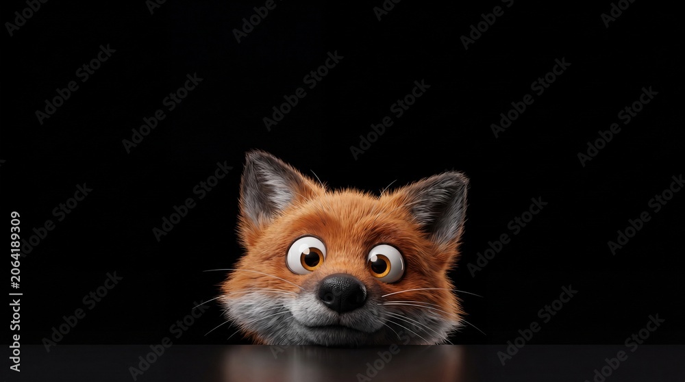 Obraz premium Cute red fox cartoon character peeking over table on black background. Funny 3D animal portrait with big curious eyes looking at camera. Playful digital art illustration for creative children design.