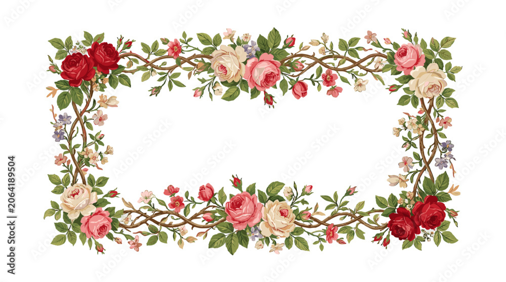 Naklejka premium Vintage floral rose border frame with blossoms and leaves