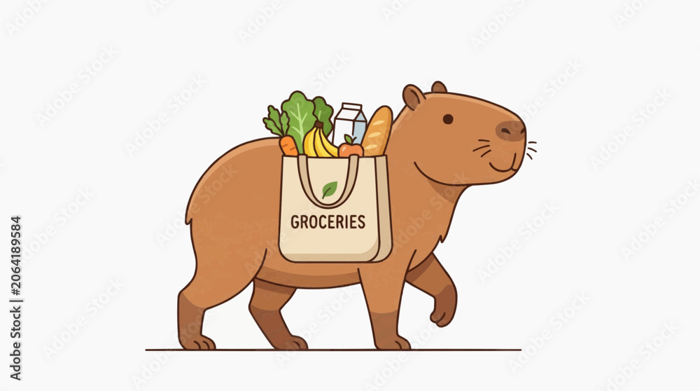 Fototapeta premium Cute Capybara Carrying a Grocery Bag Full of Fresh Food and Bread on its Back in white background.