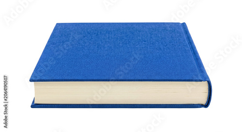 Fotografía A closed blue hardcover book lies on a white background, viewed from the side