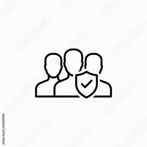 Group of people with shield and checkmark icon a black line illustration on a white background icon team security
