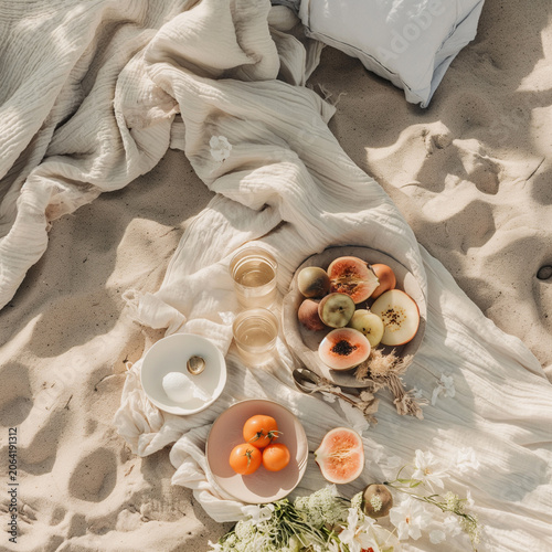 Beach picnic with fresh fruit, linen fabric and drinks in soft sunlight