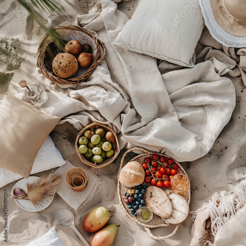 Coastal beach picnic with fresh fruit, bread and linen aesthetic setup
