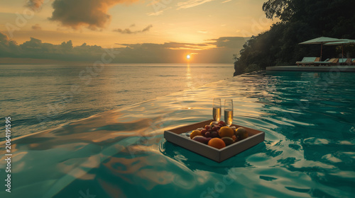 Luxury infinity pool sunset with floating breakfast tray and champagne