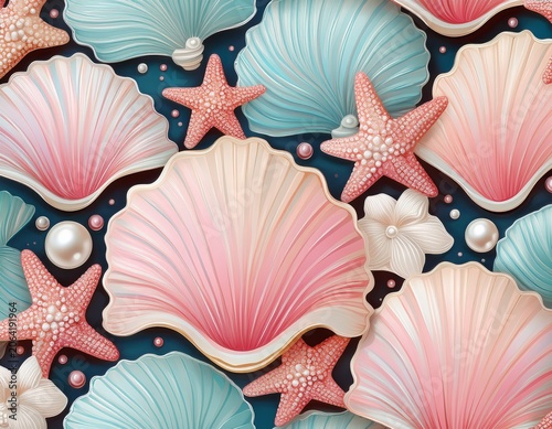 seamless pastel seashell pattern with starfish coral and pearls cute coquette ocean background for fabric wallpaper and packaging