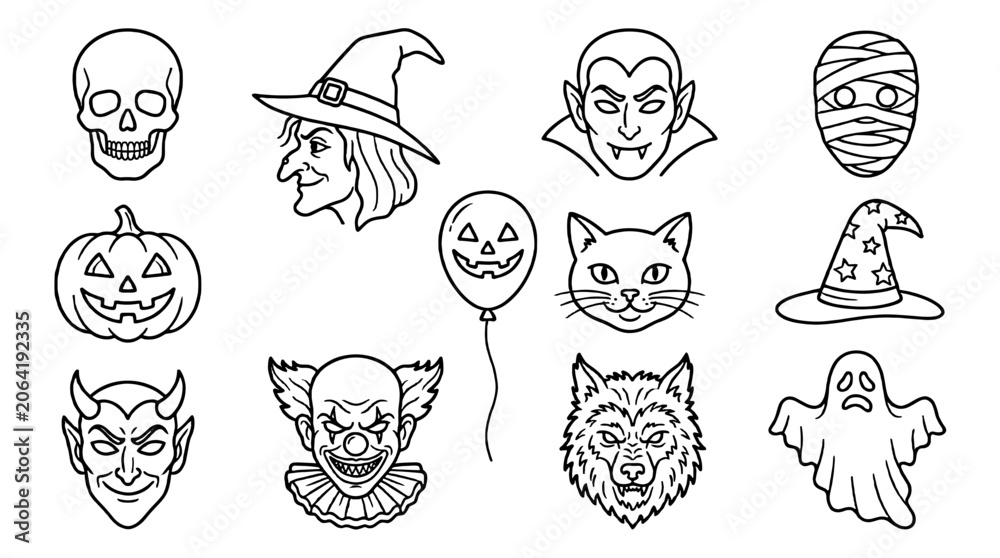 Fototapeta premium Halloween outline icon set with spooky character faces