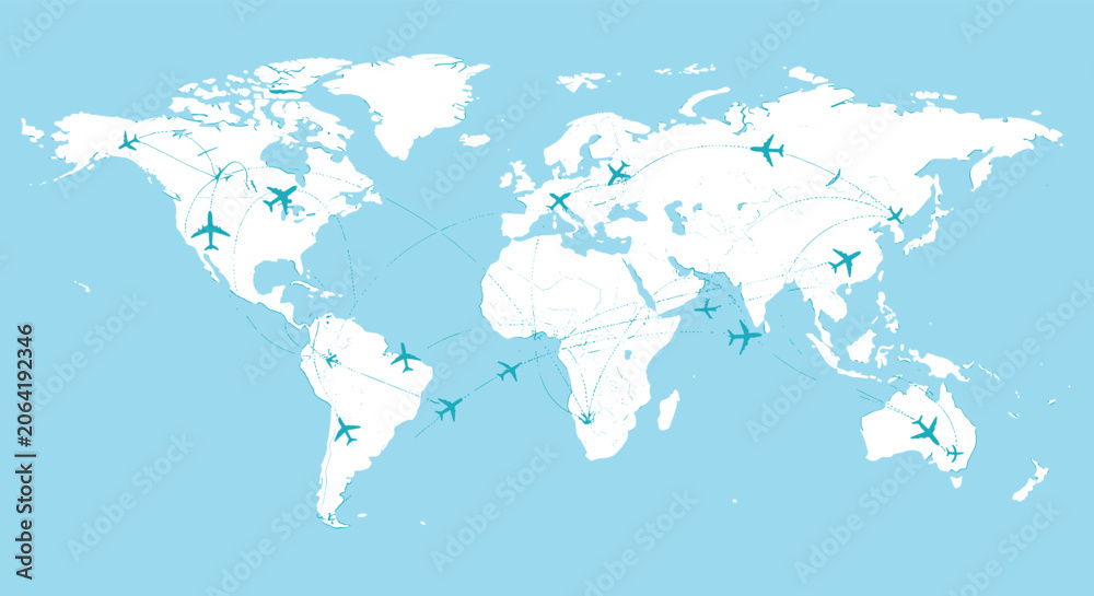 Fototapeta premium Detailed world map showing international flight routes with airplane icons connecting continents on a light blue background.