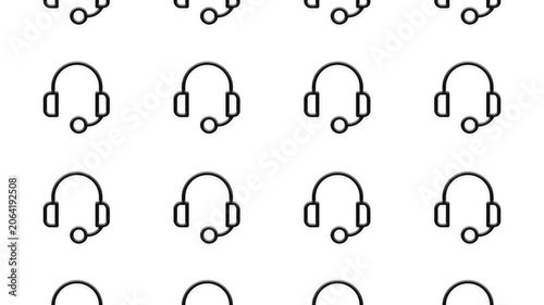 Animated pattern of black headset icons moving across bright white background motion graphic footage.