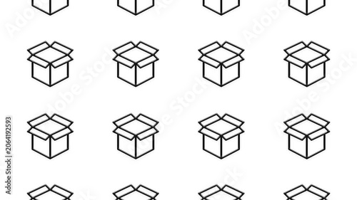 Seamless looping pattern of cartoon open cardboard boxes on a white background, concept of delivery.