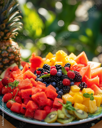 Tropical fruit platter with watermelon, mango, berries and pineapple