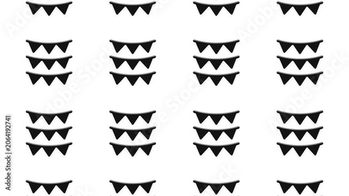 Abstract seamless background animation with repeating black bunting flags moving on white backdrop.