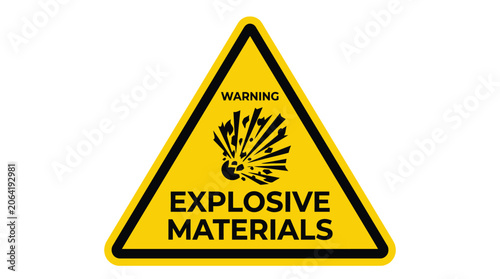 Bright yellow triangular warning sign displaying a black explosive materials symbol and bold typography isolated on a clean white background for industrial safety and hazard