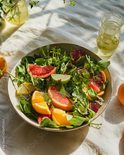 Fresh citrus salad with greens and herbal drink on sunlit table