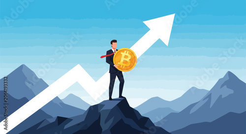Quadro em tela Business growth concept with man holding gold bitcoin icon on mountain peak while stock market chart arrow points up to success symbolizing financial prosperity