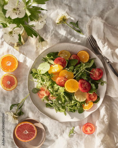 Fresh citrus salad with tomatoes and greens on sunlit linen table