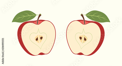 Illustration of two symmetrical halves of a ripe red apple with green leaves and visible seeds on a light cream background.