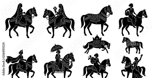 Tableau sur toile Black silhouettes of people riding horses in various traditional and decorative