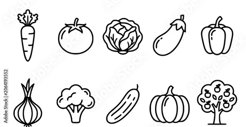 Canvastavla Vegetable garden line icons set carrot tomato cabbage eggplant pepper onion broc