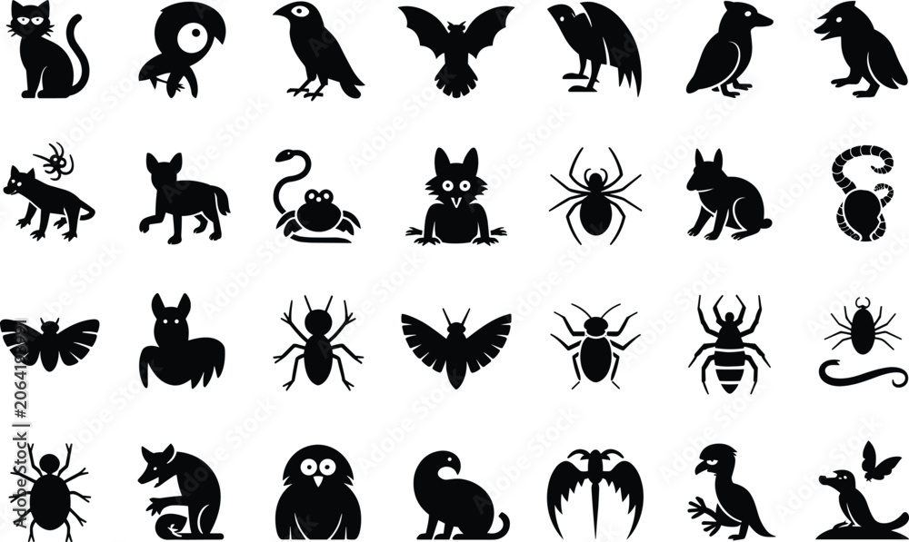 Obraz premium Set of various animals, birds, insects and creatures in silhouette style on white background