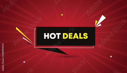 hot deals web banner vector art template design badge icon label black gray shapes white yellow bold text dark red light sunshine abstract business background sale promotion discount offer marketing