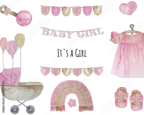 Baby Girl Shower Watercolor Elements Collection