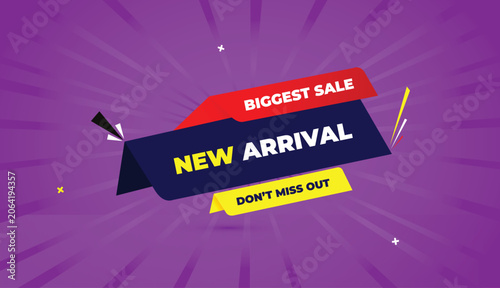 new arrival biggest sale dont miss out web banner vector art template design badge icon label deep blue red gradient yellow shapes white bold text dark purple light sunshine abstract business