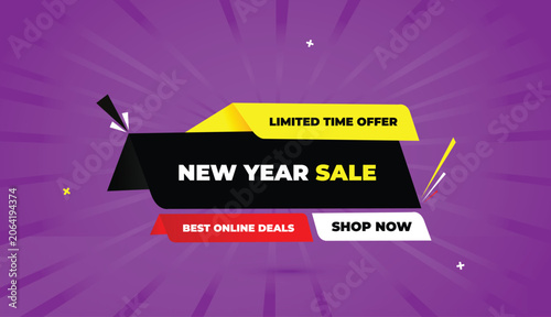 new year sale best online deals limited time offer web banner vector art template design badge icon label yellow red gradient white black shapes bold text dark purple light sun shine abstract business