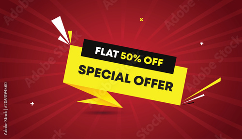 special offer flat 50 off web banner vector art template design badge icon label black yellow shapes bold text dark red light sun shine abstract business background promotion discount sale graphic