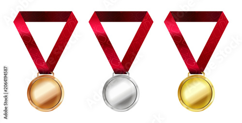Bild auf Leinwand Realistic gold, silver, and bronze medal set with red ribbons for international sports tournaments and award ceremonies