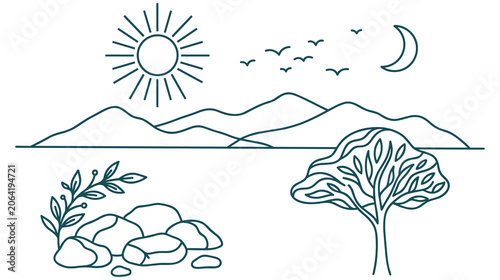 Foto Minimalist landscape illustration featuring sun moon trees and stone piles