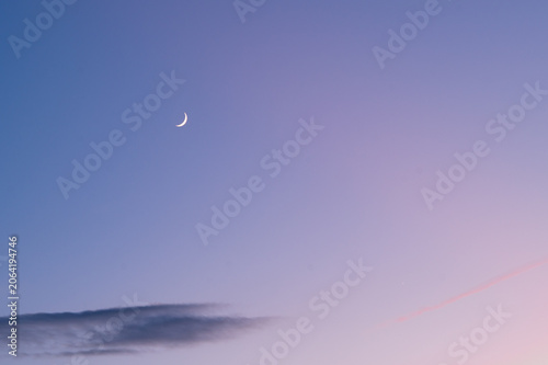 Slender crescent moon in a pastel twilight sky with a single dark cloud.