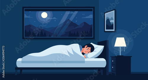 Photos Woman crying in bed during night time while sleeping in dark bedroom with full moon view through window and bedside lamp light on nightstand table