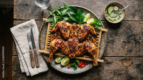 Grilled Chicken Ga Nuong Ban Don on Rustic Wooden Table