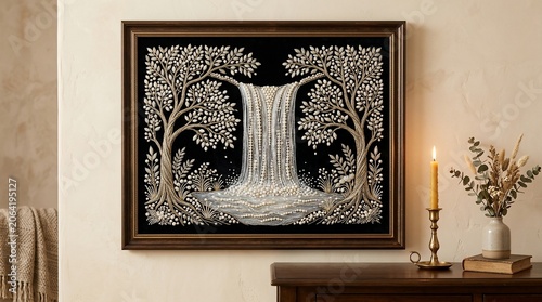 Waterfall in forest with trees and candle on table