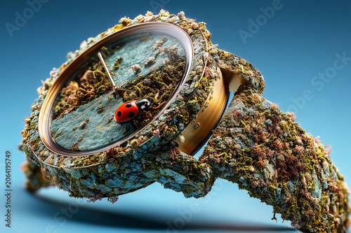 Eco Inspired Wristwatch Made of Natural Textures and Green Moss. Future of Sustainable Design Concept. Ecology, Biodiversity and Green Innovation.