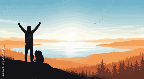 Fotografie Adventurer with arms raised in triumph on hilltop overlooking vast lake and orange hills at sunrise, symbolizing success and achievement