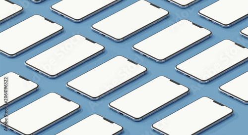 Foto Grid of modern smartphones with blank white screens arranged diagonally on a blue background, representing technology and mobile devices