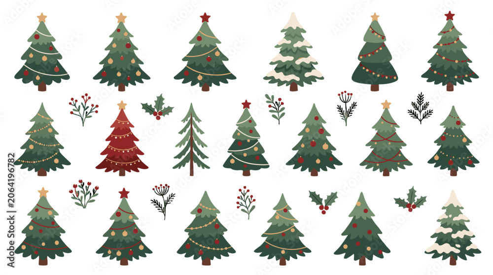 Fototapeta premium Set of hand drawn Christmas trees and winter botanical elements