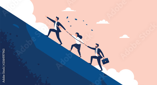 Photos Business team climbing steep blue mountain slope together with rope representing leadership cooperation overcoming challenges and achieving shared success