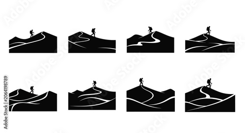 Bild auf Leinwand Mountain Silhouette With Hiker Black And White Graphic Design