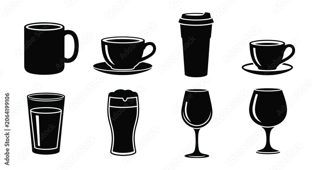 Obraz premium Drinkware Silhouettes Black Glass And Cup Shapes On White Background