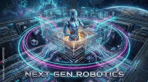 Futuristic humanoid robot in a high tech server room with glowing neon rings