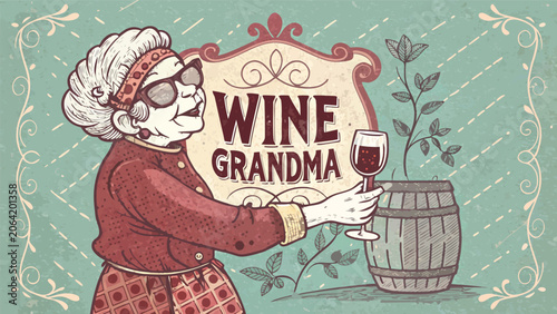 An elderly grandma holding a glass of red wine